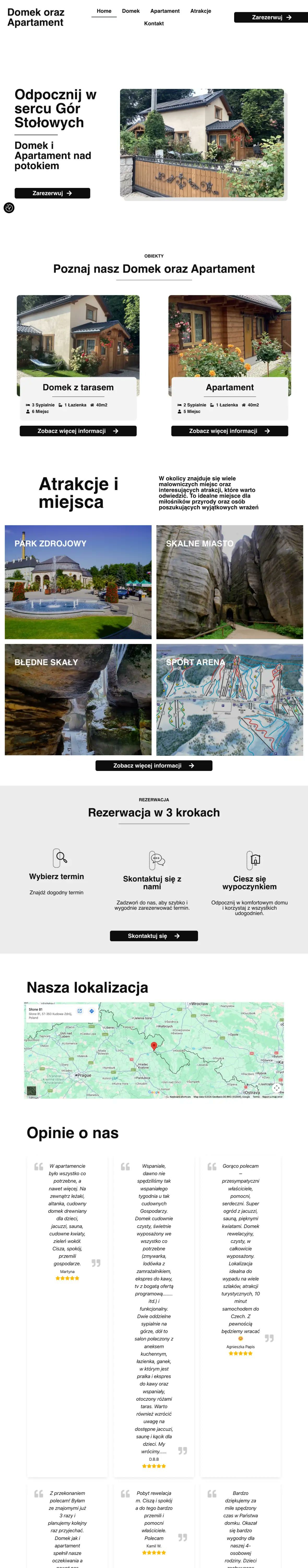Strona Domek oraz Apartament: Domek i apartament nad potokiem w Górach Stołowych. Osobna podstrona dla każdego obiektu, atrakcje w okolicy i zapytanie o termin.