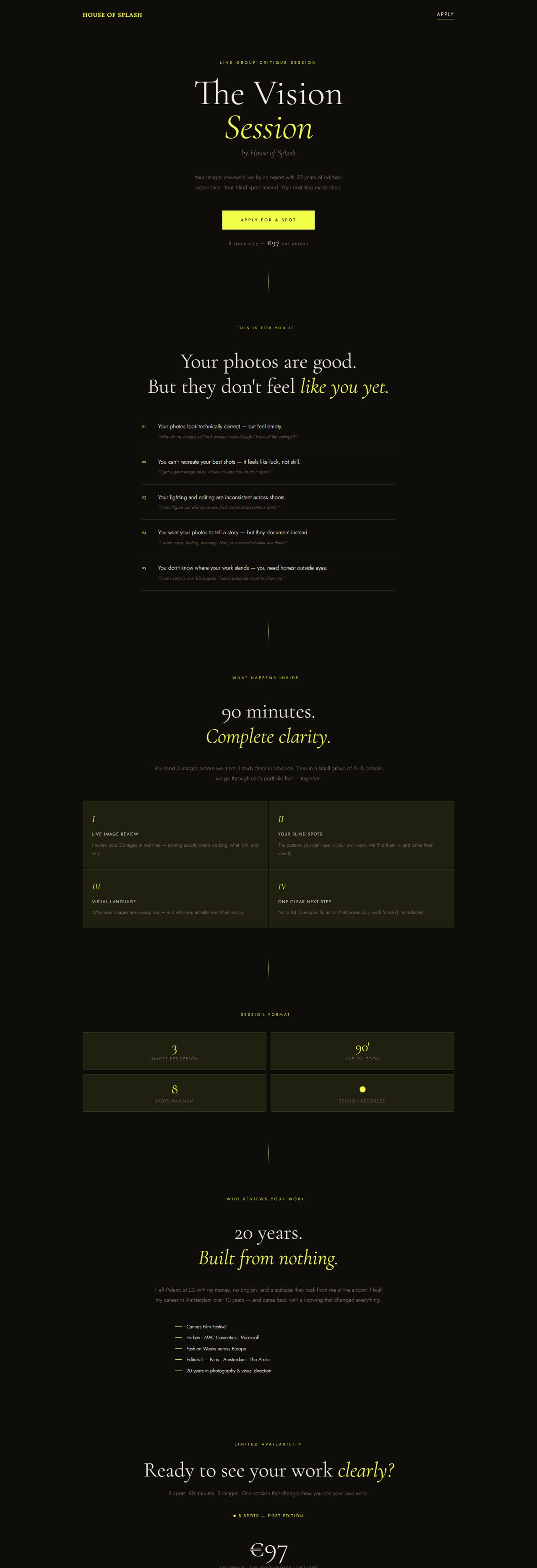 Strona House of Splash: Landing page pod zapisy na sesję. Jeden cel, jeden przycisk i osiem miejsc do wypełnienia.